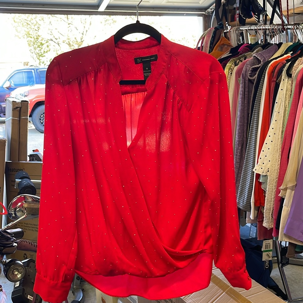 INC gorgeous red with gold glitter sparkles on sleeves andentire front of blouse